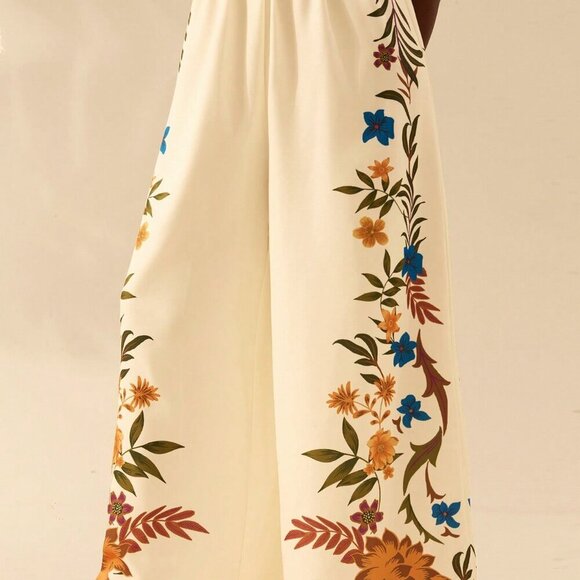 Multicolor Boho Women's Tropical Print Vacation Ruffle Wide Leg Jumpsuit - Picture 5 of 7